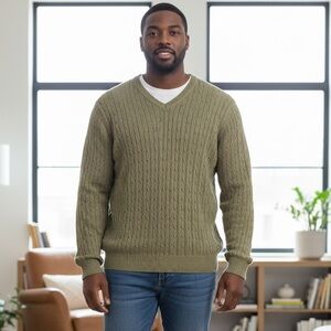 Izod Men’s Olive Cable Knit V-Neck Sweater – Classic Preppy Style –‎ Size XXL